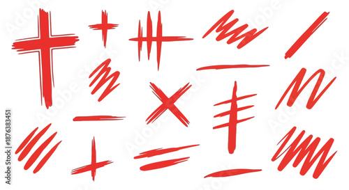 a collection of red brush stroke marks and symbols including crosses and x s silhouette high quality