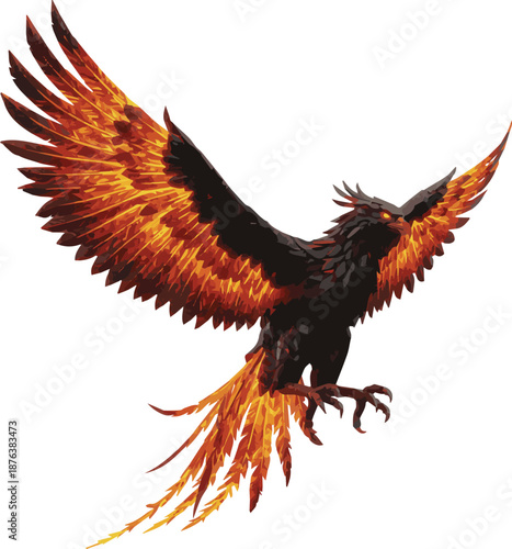 A wild black eagle with red wings flies through the sky in this stylized vector illustration of a majestic bird of prey silhouette designed for nature tattoos and wildlife art