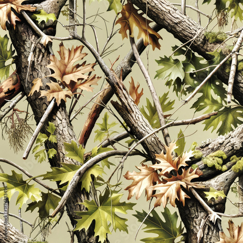 Real tree forest camouflage seamless pattern design pattern for hunting and military uniform. A camouflage pattern featuring oak leaves and branches, with earthy tones of brown and green.