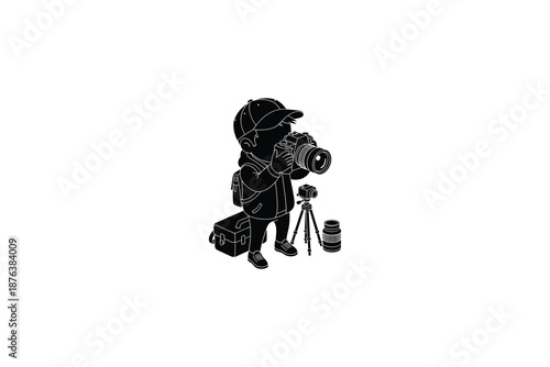 A silhouette of a man holding a camera and standing next to a tripod and camera equipment