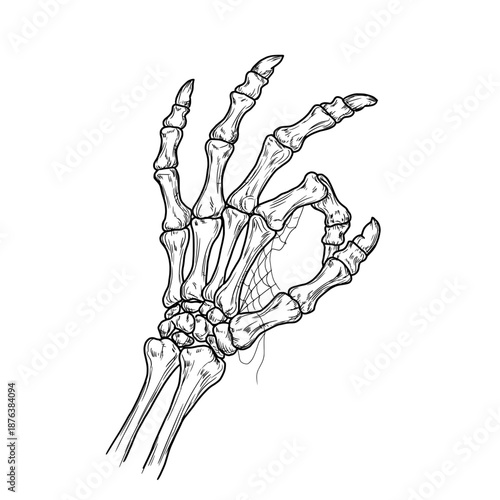 Skeleton's hand showing OK sign, black and white sketch. Vector illustration. Dead man's bony fingers are isolated on white background. For various occasions, for printing on textiles and T-shirts.