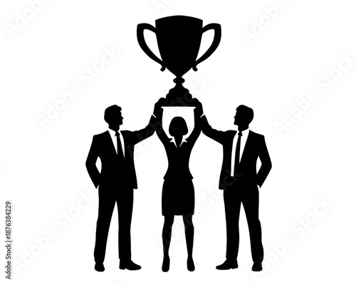 Black silhouette of business people lifting trophy of success, icon isolated on white background.
