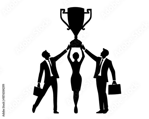 Black silhouette of business team lifting trophy of success, icon isolated on white background.

