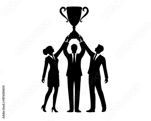 Black silhouette of business team lifting trophy of success, victory illustration, icon isolated on white background.
