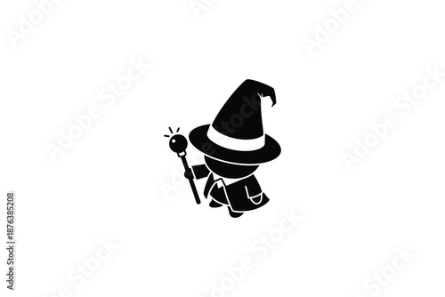Black silhouette of a wizard with a magical staff and a hat walking alone on a transparent background