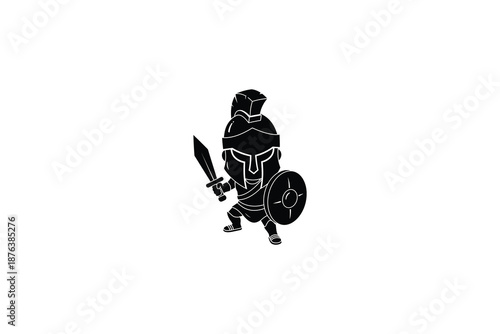 Black silhouette of a spartan warrior with sword and shield walking alone