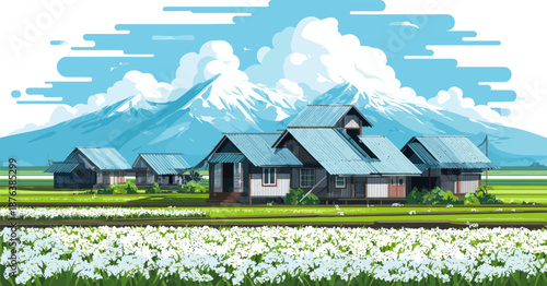 Illustration of Lush Rice Paddy Field in Rural Agriculture