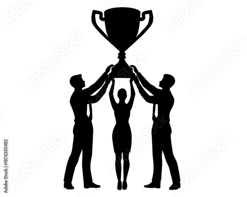 Black silhouette of business team lifting trophy of success, vector illustration of victory

