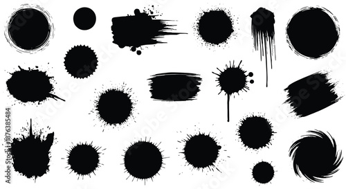 Collection of various black ink splatters and brush strokes on white background silhouette high quality professional