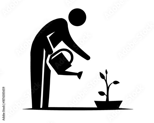 illustration of a person watering a plant, black and white style image, vector illustration
