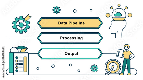 Data Pipeline and Processing Flow: A visual depiction of a data pipeline showcasing the transformation of data from input to output, with clear emphasis on processing.