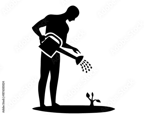 illustration of a man watering plants, black and white style image, vector illustration
