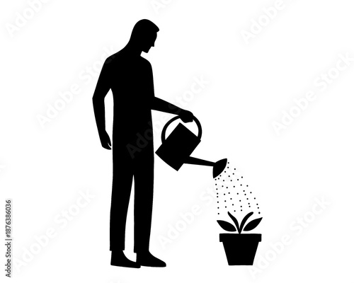 black silhouette of a person watering a plant, black and white style image, vector illustration, icon isolated on white background
