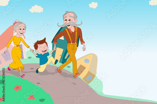 Happy Grandparents Walking with Grandson in Cartoon Village