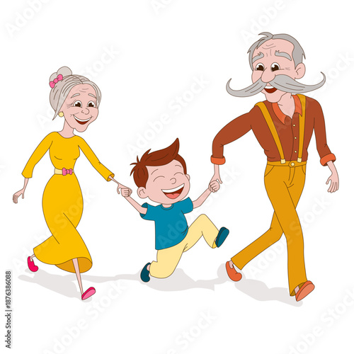 Senior Couple Running with Grandson Isolated