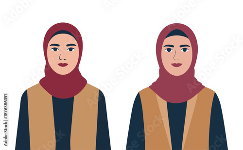 Two women wearing hijabs and vests smiling and looking straight, vector illustation