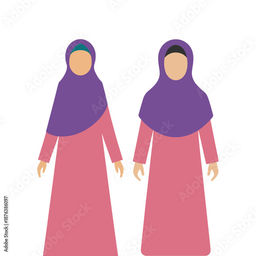 Two women wearing pink dresses and purple headscarves standing, vector illustation
