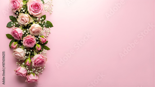 beautiful pink roses and white flowers on a soft pink background with green leaves arrangement high quality professional detailed modern elegant