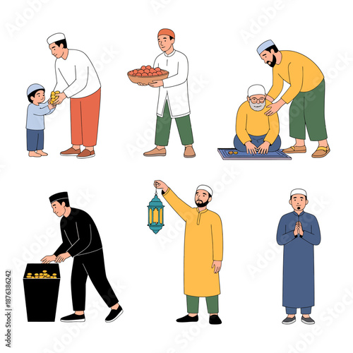 Ramadan illustrations: The illustration portrays a series of scenes depicting the spirit of Ramadan, with people engaged in acts of kindness, reflection, and celebration.