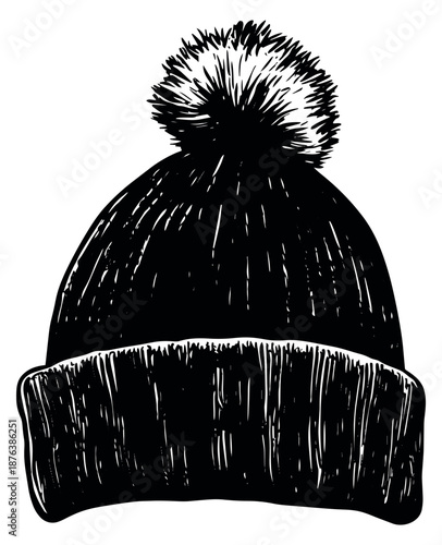 Line art illustration of a pompom hat depicting warm clothing for winter fashion