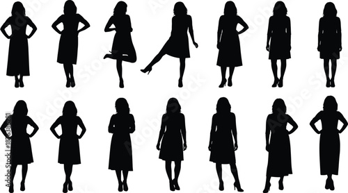 Female silhouette vector collection showing women standing in different poses wearing dresses for fashion illustration, presentation, advertising designs.