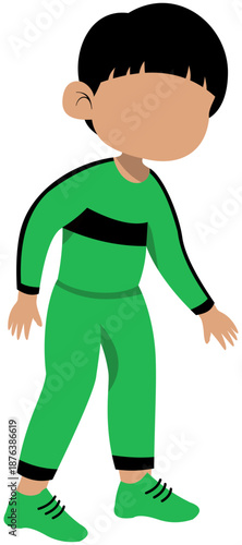 Faceless sporty bowl cut boy dribbling inside foot soccer technique step 1 without ball illustration. Editable Color Vector