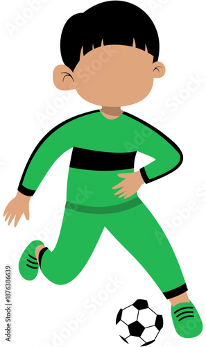 Faceless sporty bowl cut boy dribbling inside foot soccer technique step 3 illustration Editable Color Vector