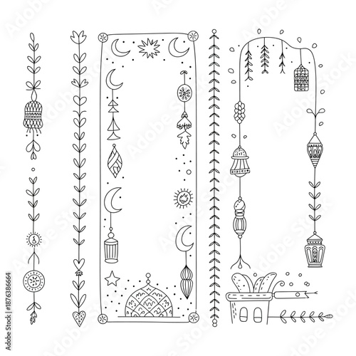 Ramadan Ornament Borders: A collection of decorative borders featuring delicate line art of lanterns, crescent moons, and stars, celebrating the spirit of Ramadan.