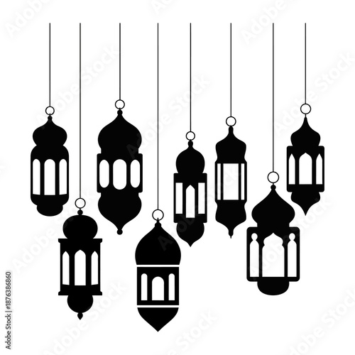 Elegant Lanterns in Shadow: An artistic display of hanging lanterns, each with intricate geometric designs. The silhouettes create a captivating pattern.