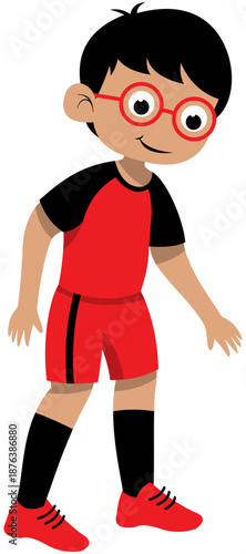 Sporty glasses boy dribbling inside foot soccer technique step 1 without ball illustration. Editable Color Vector