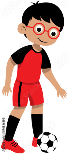 Sporty glasses boy dribbling inside foot soccer technique step 1 illustration Editable Color Vector