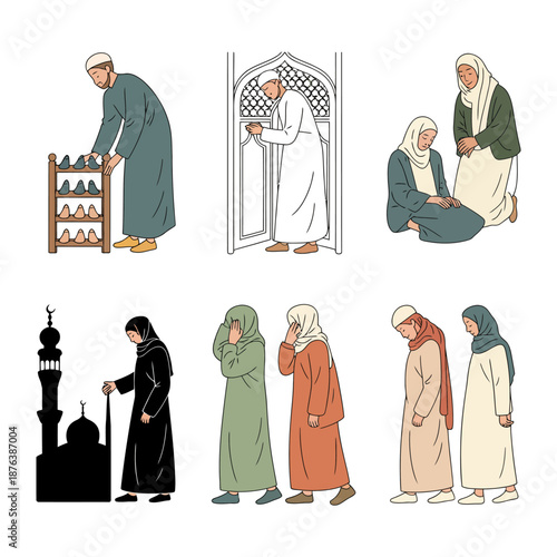 Islamic Prayer: A series of illustrations capturing the essence of Islamic prayer, with figures in various poses and settings. Showcasing the devotion and connection to faith.