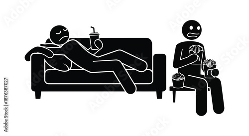 two stick figures sitting on couch and chair with popcorn and drink silhouette high quality professional