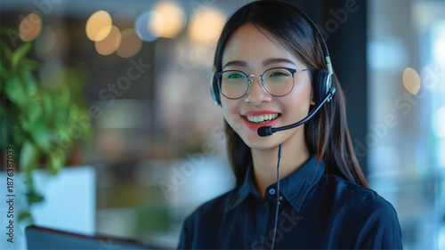Professional Asian woman customer support operator wearing a headset and glasses 