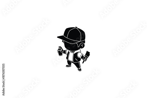 Cartoon boy spraying graffiti with paint can and brush in hand standing alone