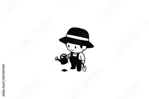 cartoon boy wearing hat and overalls holding watering can and shovel