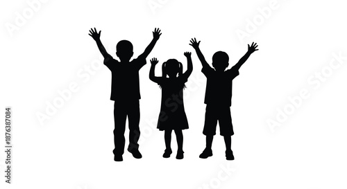 Three children standing with arms raised in joyful celebration silhouette high quality professional detailed modern elegant