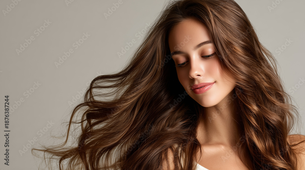 Naklejka premium Modern haircare beauty portrait with flowing healthy hair in motion. 