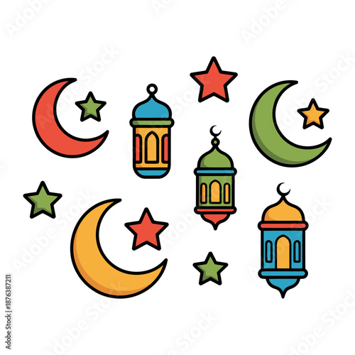 Decorative Festive Lanterns and Symbols: A collection of vibrant and intricately designed lanterns and celestial symbols creating a festive, and symbolic visual feast.