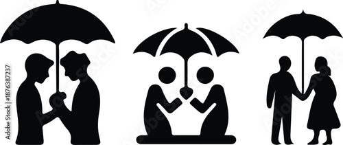 Set of couple walking with umbrella in rain silhouette