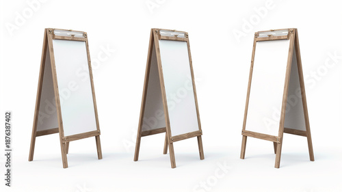 Realistic 3D rendering of a blank folding sandwich board street sign, shown from three different angles, isolated on white background 