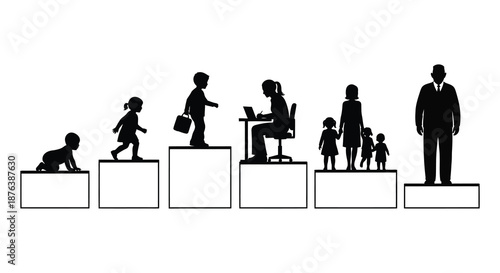a family life journey progression shown in a series of steps silhouette high quality professional detailed