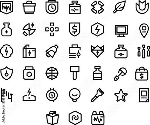 Comprehensive set of linear icons covering business money health science and industrial tools for interface design elements.
