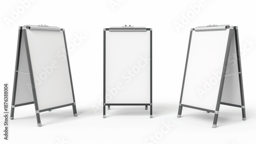 Realistic 3D rendering of a blank folding sandwich board street sign, shown from three different angles, isolated on white background 