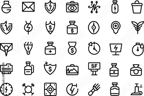 Universal line icons set featuring business finance medical health and nature energy symbols for modern graphic design projects.