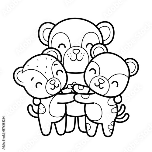 Cute cartoon bears hugging, friendship concept, black and white illustration