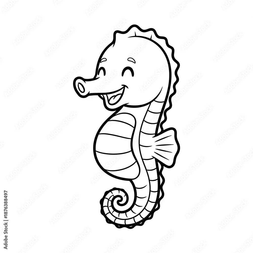 Fototapeta premium Happy cartoon seahorse illustration, black and white outline