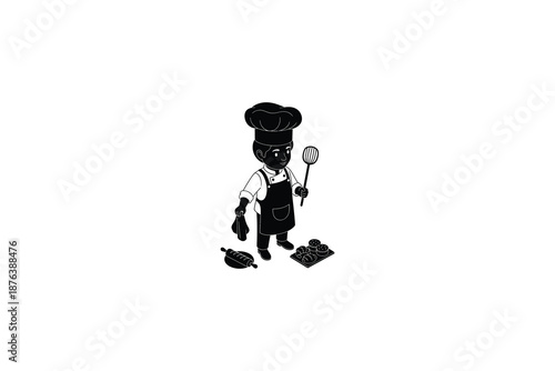 cartoon chef standing with spatula and oven mitt holding bag next to baking sheet with pastries