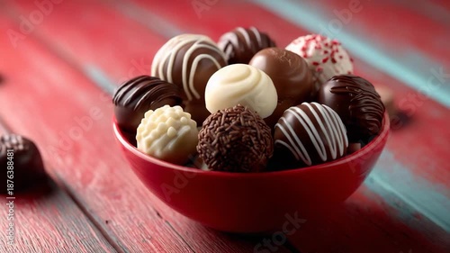 A bowl of chocolate balls on wooden table