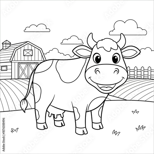 Happy cartoon cow on farm, line art coloring page
